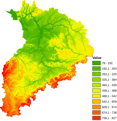 Fig. 1. Neckar basin elevation map in Germany in m a.s.l.