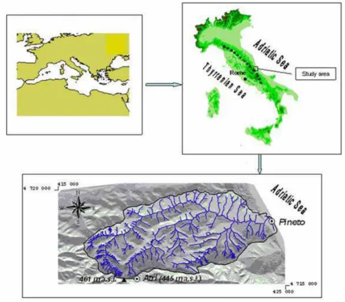 Fig. 1. Geographic location of the Calvano watershed. Projection East U.T.M. 33 European Datum 1950.