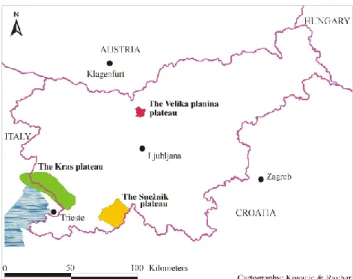 Fig. 1. Geographical position of the selected karst aquifers in Slove- Slove-nia.