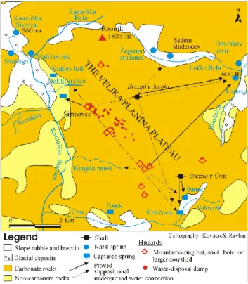 Fig. 4. Simplified geological and hazard map of the Velika planina plateau with proved and supposed underground water connections (based on: Novak, 1994/1995).