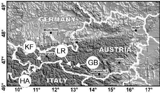 Fig. 1. Location of the mass movements K¨ofels (KF), Lesachriegel (LR), Gradenbach (GB) and Hochmais-Atemskopf (HA).