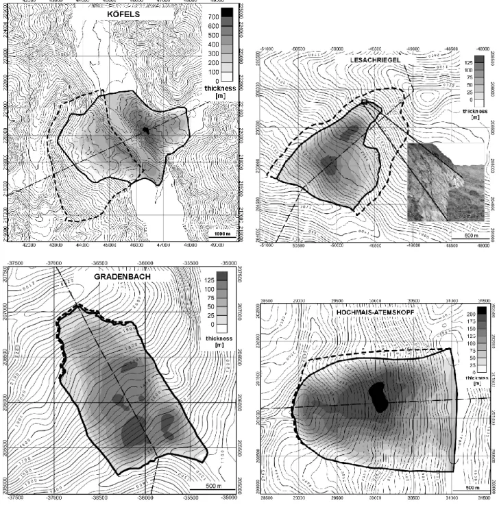 Fig. 2. Topography (contours from digital elevation model), boundaries (solid lines) and escarpment area (dashed lines) of the mass move- move-ments (a) KF, (b) LR, (c) GB, (d) HA