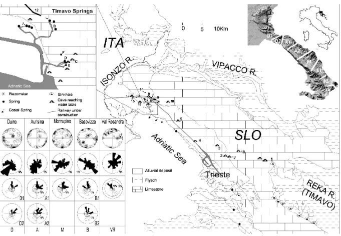 Fig. 1. General overview of the Classical Karst area and of the planned route for the Venice-Trieste high-speed railway tunnel (Ronchi dei Legionari-Trieste stretch)