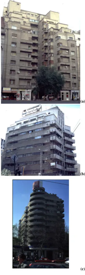 Fig. 7. Examples of post-1977-Vrancea-earthquake buildings in Bucharest (a) without changed conformation after retrofit (‘Pherekyde’); (b) with changed conformation after retrofit  (‘Tur-ist’); (c) replacing those collapsed (‘Dun˘area’).
