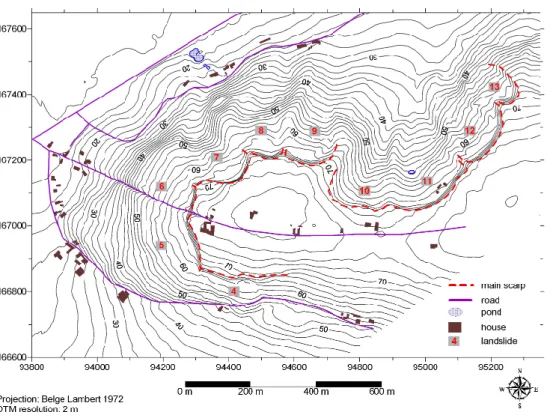 Fig. 4. The 1996 DTM of the Rotelenberg hill with location of the landslides 4 to 13.