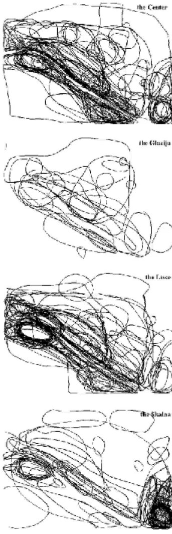 Fig. 5. Map of Celje (threatened parts are indicated with lines) and the aggregated outlines of the areas in risk because of floods, as perceived by the inhabitants of the three parts of the town in 1997.