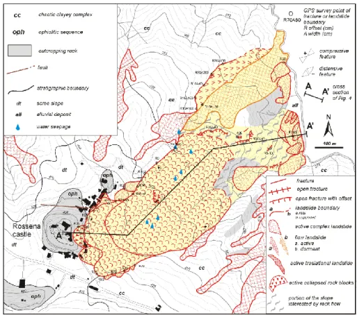 Fig. 3. Geological-geomorphologic sketch of the Rossena Landslide (highlighted in pale yellow) and surrounding area.
