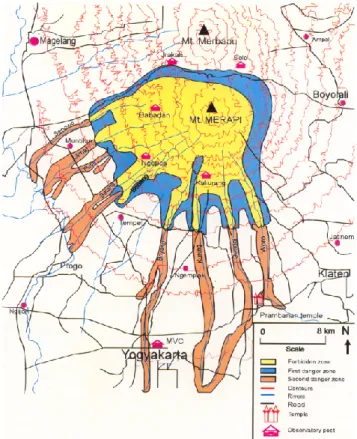 Fig. 2. Hazard map of Merapi according to Purbawinata et al. (1996).