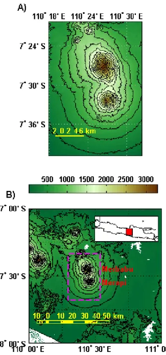 Fig. 3. Local photogrammetric DEM and SRTM3 DEM around Merapi and Merbabu. The color bar gives elevation above sea level (a.s.l.) in meters