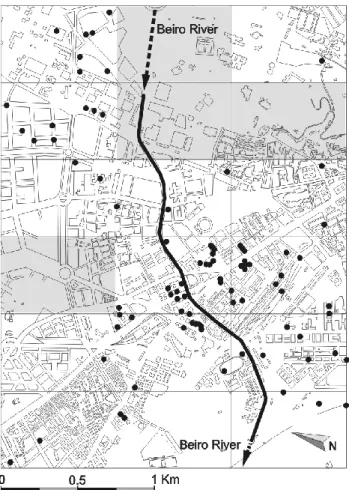 Fig. 4. Grid map of the study area indicating the location of the boreholes. The sections for which no data is available have been shaded