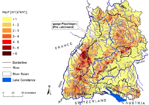 Fig. 4. Regionalized H q 1000 in Baden-W¨urttemberg; location of sample gauge in Plochingen (Fils catchment, 704 km 2 ).