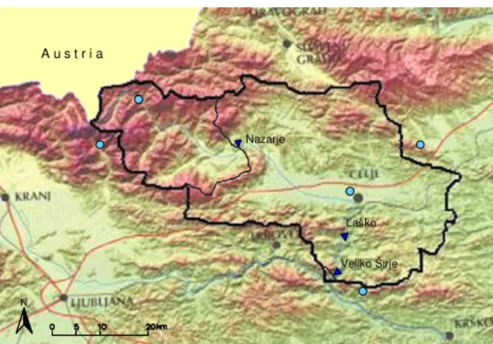 Fig. 1. Topography of the Savinja catchment with locations of main water gauging stations  (triangles) and recording raingauges (dots)