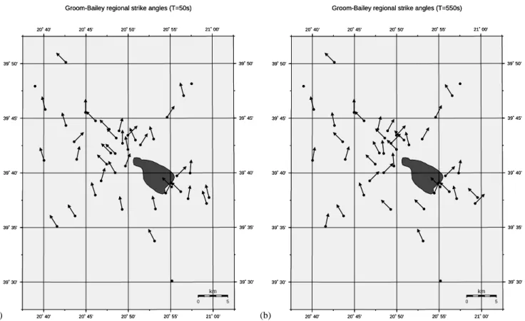 Fig. 3. Groom-Bailey decomposition regional strike angles at all sites, that the distortion model is valid, for T = 50, 550 s, respectively (a)–(b).