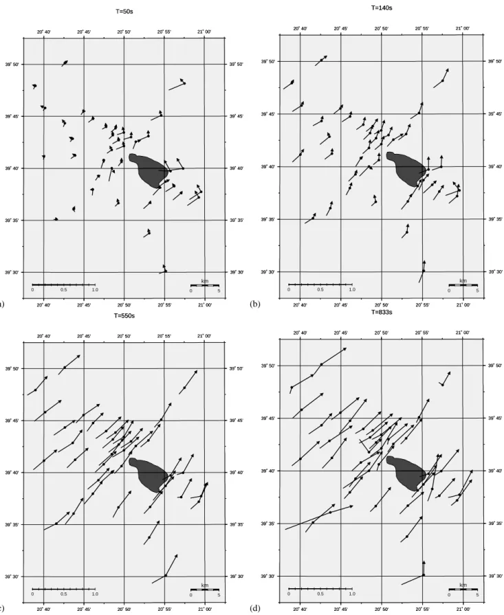 Fig. 6. Induction arrows at T =50, 140, 550 and 833 s (Wiese convention), respectively (a)–(d)