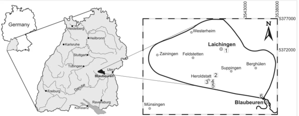 Fig. 1. The catchment area with the Blautopf Spring and the investigated caves; 1 = Laichinger Tiefenh ¨ohle (LTH), 2 = Hawaii-Schacht (HWS), 3 = precipitation sampling point, 4 = sewage plant of Heroldstatt, 5 = Sontheimer H ¨ohle (SH) and 6 = Blautopf.