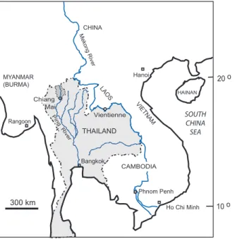 Fig. 1. Location of the Ping River. Dark shaded area is drainage area upstream of Chiang Mai and the study area.