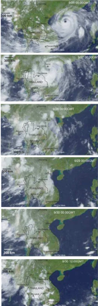 Fig. 3. Satellite images show- show-ing the westward travelshow-ing  tropi-cal storm from Typhoon Damrey, 25–30 September 2005