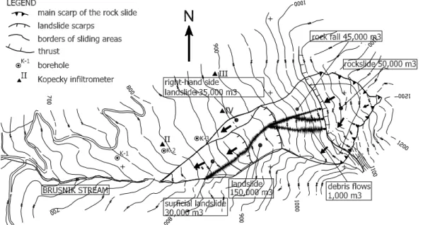 Fig. 1. Plan view of different slope instability processes in the Strug landslide area.