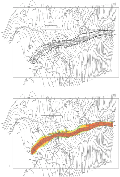 Fig. 7. The hazard map of the Kose˘c village prepared with the two-dimensional FLO-2D model using the existing Brusnik aligned channel geometry (present situation)