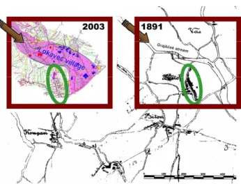 Fig. 2. A map of Lokavec village and its surroundings from 1891 compared with the map from 2003 (top left)
