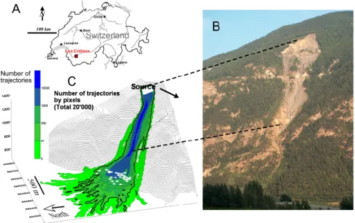 Fig. 11. (a) Location and picture (b) of Les Cr´etaux landslide. (c) Mapping of the number of trajectories, N t r , by cells (pixels) of 25 × 25 m.