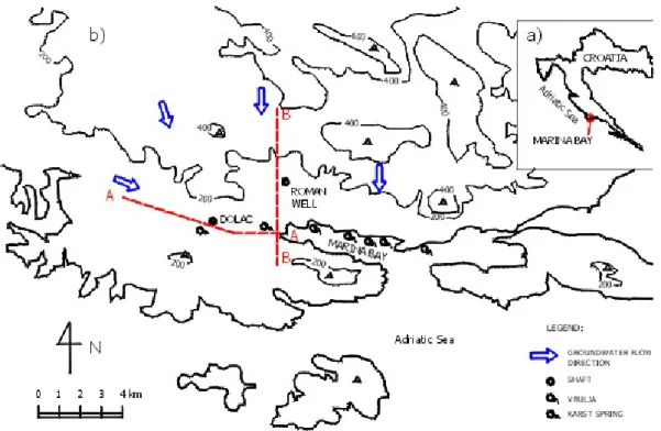 Fig. 4. (a) Map of study area; (b) Topographic location map indicating shafts, groundwater flow directions, karst springs and submarine karst springs.