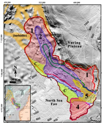 Fig. 5. Overview map of the Storegga slide complex, showing the deposit areas of the different main phases of the debris flow