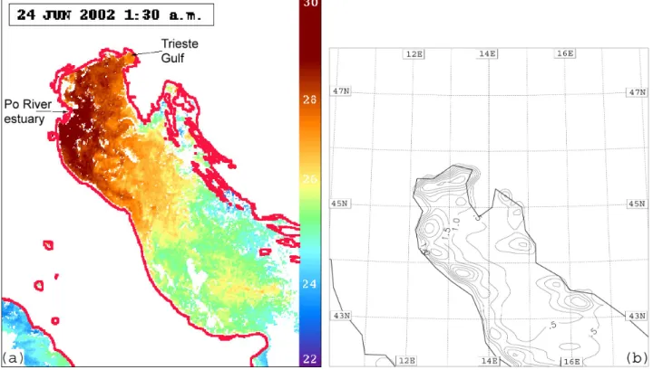 Fig. 2. (a) MCSSTs ( ◦ C) at 01:30 UTC 24 June 2002; (b) differences between MCSSTs and ECSSTs interpolated to the fine grid