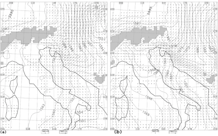 Fig. 3. 850 hPa geopotential height (m) and wind vectors obtained with the coarse grid run (run A): (a) at 00:00 UTC 25 June 2002; (b) at 10:00 UTC 25 June 2002.