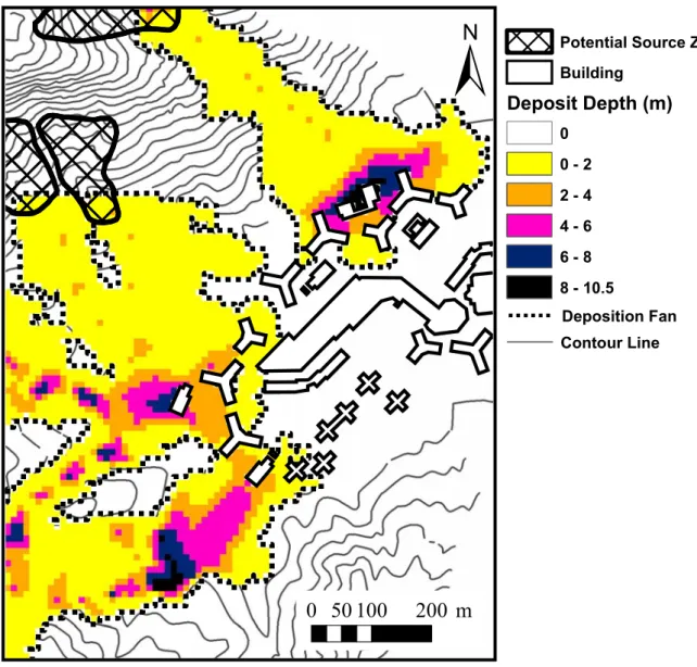 Figure 9. Combined result of the debris flow simulations of the source zones (a) to (h) shown  in Figure 8
