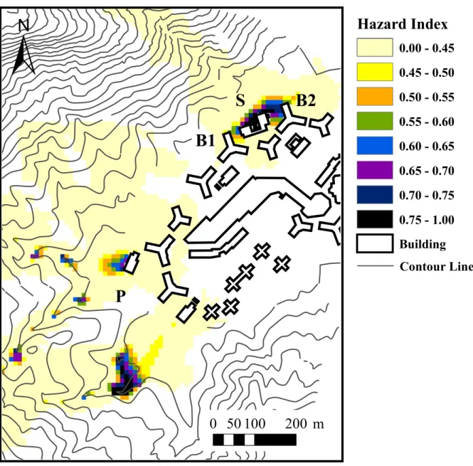 Figure 10. A hazard map based solely on computer simulations.  The maximum index on the  map is one