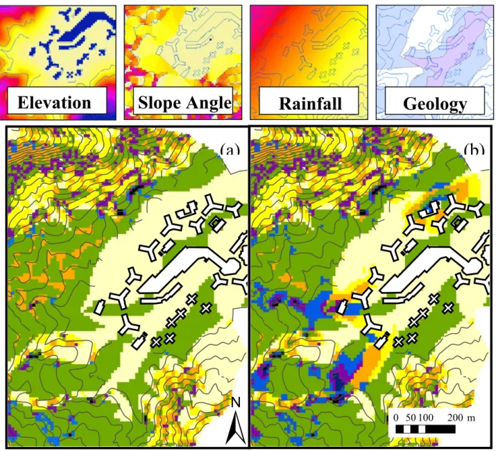 Figure 11.  Four basic factor hazard maps for elevation, slope angle, rainfall and geology are  shown in the top row