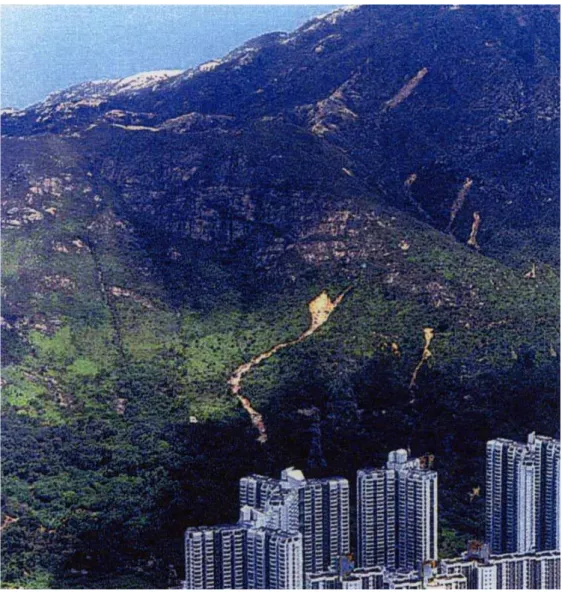 Fig. 1. Debris flows that occurred on 14 April 2000 near Leung King Estate, which is in the foreground.