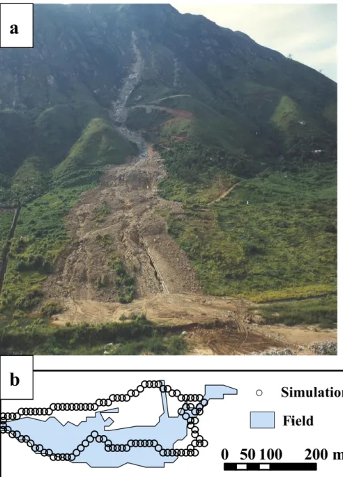 Fig. 2. (a) A photograph of the 1990 Tsing Shan debris flow; (b) Numerical simulation and field record