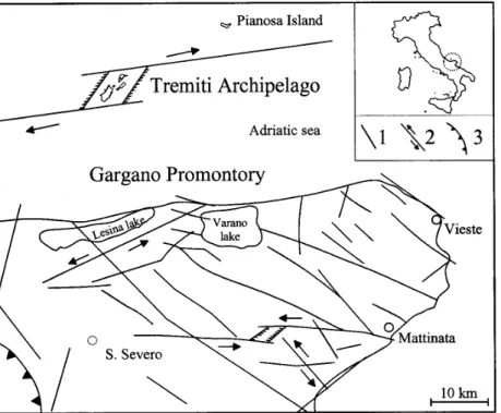 Fig. 1. Schematic structural map of the Tremiti Archipelago and Gargano Promontory. The circle in  the box at the top right represents the area of the tectonic scheme shown