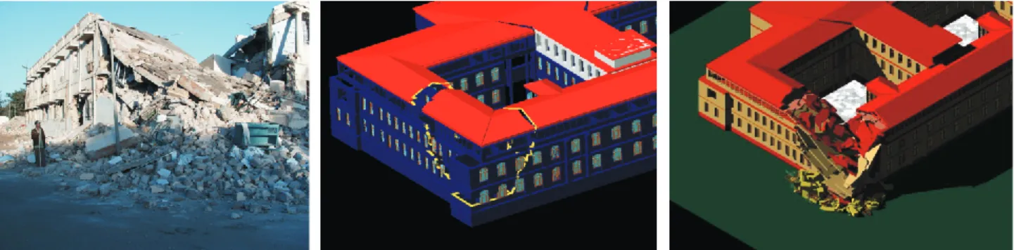 Fig. 8. From left to right: real damage case, the run of the cuts at a building model, geometrical building model with simulated damages.