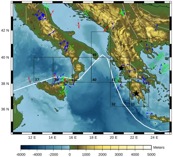 Fig. 1. Map of the region of the earthquake. The epicenters are marked with a star. The grids used in the experiment are marked and labeled.