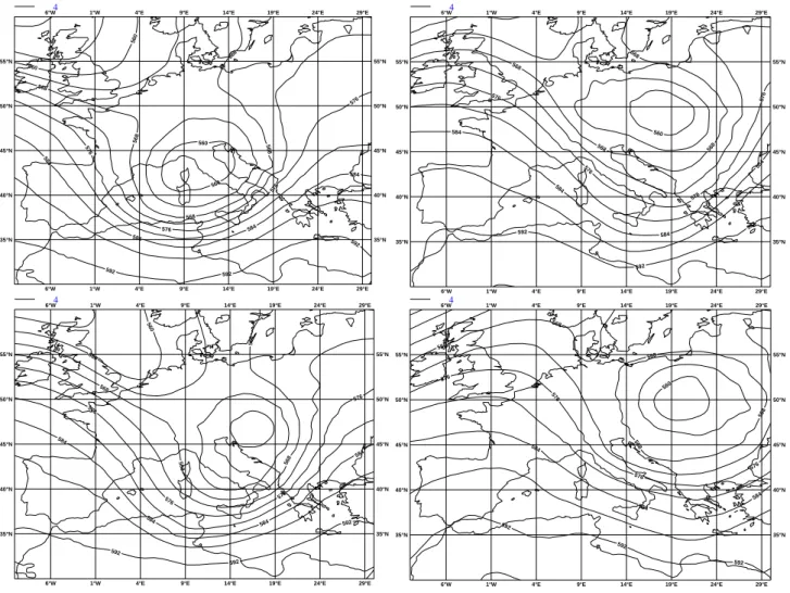 Fig. 3. ECMWF analysis of the geopotential height [dam] at 500 hPa on the 11 August at 12:00 UTC, on the 12 August at 00:00 UTC, on the 12 August at 12:00 UTC and on the 13 August at 00:00 UTC, from top to bottom and from left to right