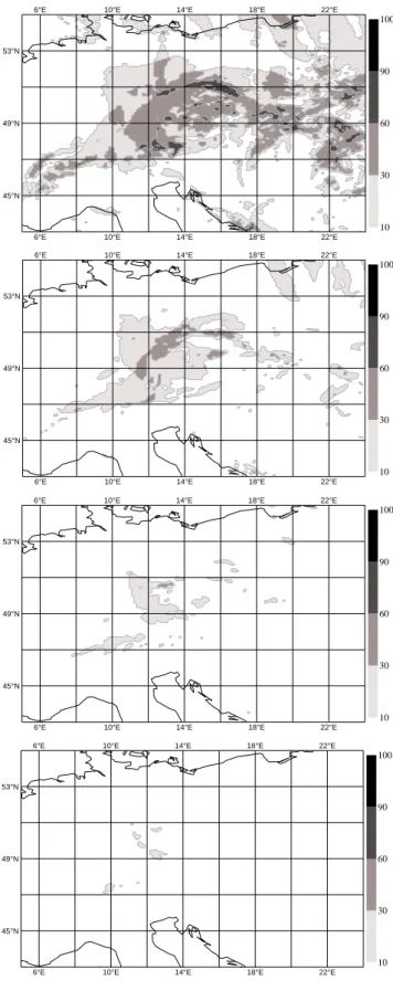 Fig. 8. COSMO-LEPS not-weighted probability maps of 24 h pre- pre-cipitation exceeding 20 mm, 50 mm, 100 mm and 150 mm (from top to bottom) between 06:00 UTC of 12 August and 06:00 UTC of 13 August, at 4-day forecast range (66–90 h).