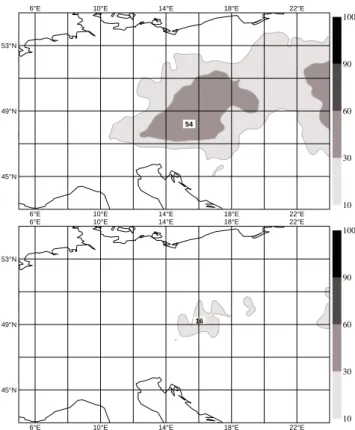 Fig. 10. Super-ensemble probability maps of precipitation exceed- exceed-ing 20 mm/24 h, 50 mm/24 h between 06:00 UTC of 12 August and 06:00 UTC of 13 August, at 4-day forecast range (66–90 h).
