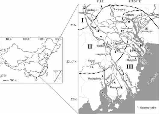 Fig. 1 Location of the Pearl River Delta in China and gauging stations. The river channels denoted  with numbers are where the gauging stations are located
