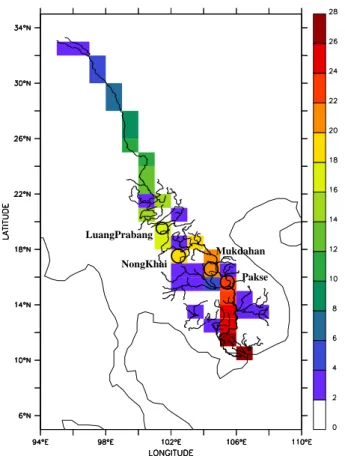 Fig. 2. 1 degree Mekong river sequence map designed by Oki et al. (1998). River information from the World Data Bank II (WDBII) developed by the U.S