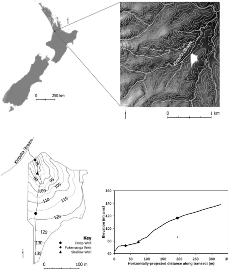 Fig. 1. Pukemanga Catchment, New Zealand, showing location of monitoring sites and transect of ground surface elevation.