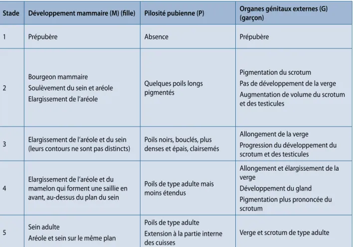 Tableau 1.  Les différents stades du développement selon Tanner