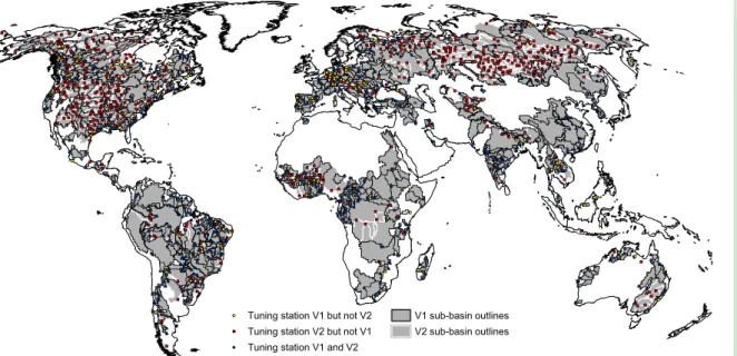 Figure 1. River discharge observation stations used for tuning WGHM variants V1 (724 stations) and V2 (1,235 stations), with their drainage basins