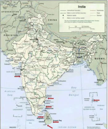 Fig. 3. The locations of tsunami observations in India and Sri Lanka.