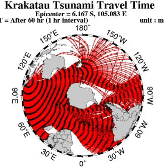 Fig. 4. Krakatau tsunami travel time chart computed from ray- ray-tracing tsunami model.