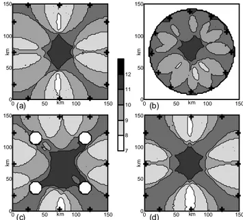 Fig. 5. Area delimitation by the adjoint method. Shading represents the number of stations compatible with the source at that location for: (a) open flat domain; (b) closed lake; (c) open domain with islands; (d) open domain with submarine mountains.