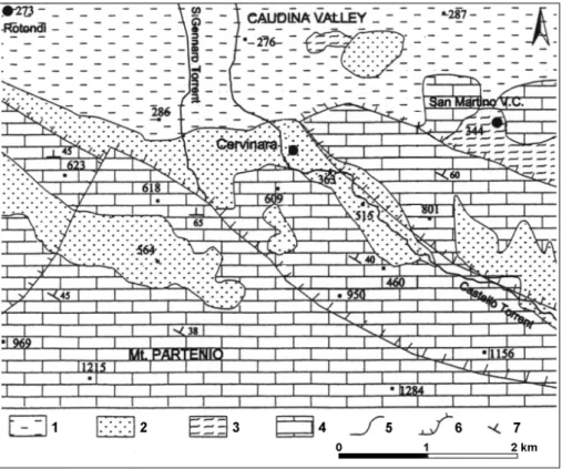 Fig. 2. Geological sketch of the Cervinara-San Martino V. C. area (after Fiorillo et al., 2001, mod.)