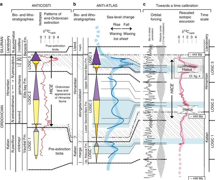 Figure 3 | Perspective of sequence stratigraphy. Temporal correspondence between documented (chitinozoa 54,55,59,60 ) or essentially inferred (graptolite) biostratigraphies and (a), the Anticosti Island succession with its related isotopic signal and fauna